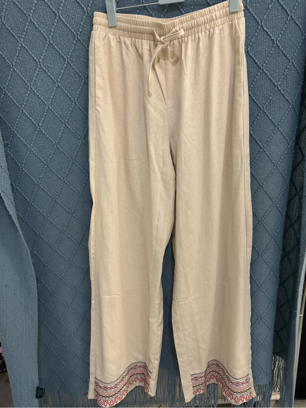 Beige Embroidered Hem Lightweight wide leg Pants